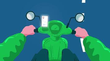 An animation of the POV of a scooter delivery man shows the day as a fast-paced blur of weaving through roads, constantly checking apps on the phone attached to the scooter's handlebars video