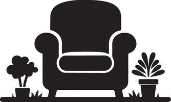 A black and white silhouette of a chair with plants vector