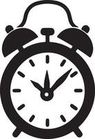 An alarm clock is shown in black and white vector