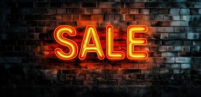 A neon sign with the word SALE in bright orange letters is mounted on a brick wall, creating a vibrant and eye-catching. photo