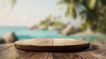 A wooden table with a round wooden surface, with a blurred background of a tropical beach with palm trees and turquoise water photo