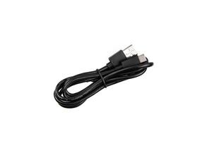 Black USB cable with two connectors, neatly coiled and secured with a strap, isolated on a white background. photo