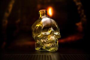 A glass bottle shaped like a human skull, illuminated with a warm, golden light. photo