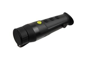 Thermal imaging monocular with lens cap, black body, multiple control buttons, and ergonomic design, ideal for night vision and outdoor activities. Isolate on white back photo