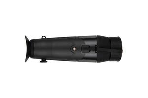 Thermal imaging monocular with lens cap, black body, multiple control buttons, and ergonomic design, ideal for night vision and outdoor activities. Isolate on white back photo