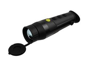 Thermal imaging monocular with lens cap, black body, multiple control buttons, and ergonomic design, ideal for night vision and outdoor activities. Isolate on white back photo