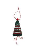 A handmade crochet Christmas tree ornament with red, green, and white stripes, featuring a red pom-pom on top and a twisted red and white hanging loop, isolated on a white back photo