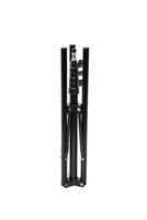 A folded black tripod stand isolated on a white background, compact and portable. photo
