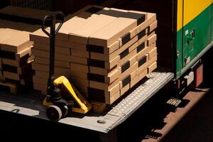 A stack of cardboard boxes on a pallet is being loaded or unloaded from a truck using a yellow pallet jack, representing logistics and transportation photo