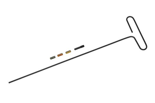 A T-handle hex key wrench with four colored threaded inserts and a black threaded insert, isolated on a white background. photo