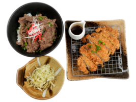 A plate with meat, rice and vegetables on it png