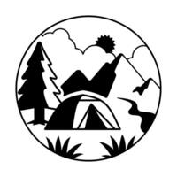 Black and white camping graphic within a circle frame. vector