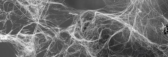 Intricate spider web pattern with tangled white strands on dark background, perfect for Halloween or abstract designs. photo