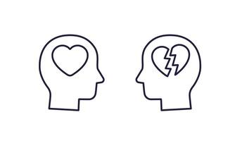 Head and heart, heartbreak line icons vector