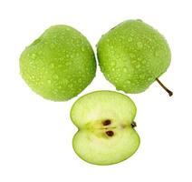Top view of green apple with drop of water on white background. photo