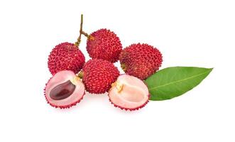Fresh lychee with leaf isolated on white background. photo