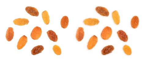 Top view of yellow raisins isolated on white background photo