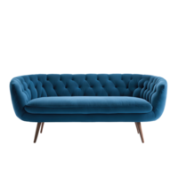 The sofa is made of blue velvet and has a wooden legs png