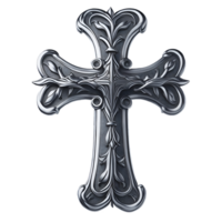 A silver cross with ornate designs on it png
