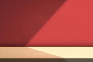 Concrete Table with Light Beam and Shadow on Red Wall Background photo