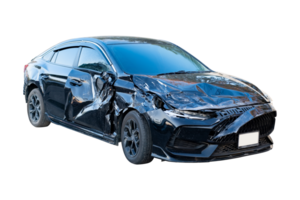 Car crash, Full body front and side view of black car get damaged by accident on the road. damaged cars after collision. Isolated on transparent background, car crash broken, File png