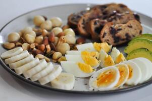 walnut cranberry sourdough bread or cranberry sourdough with boiled egg , avocado , banana and nuts photo