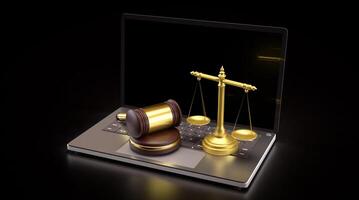 The Wood hammer and Libra on labtop for law concept 3d rendering. photo