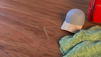 The Cap and Bag on wood table for travel or holiday concept 3d rendering. photo