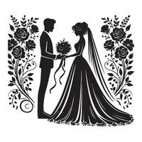 Classic Silhouette of a Bride and Groom with Floral Frame vector
