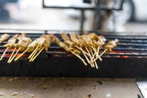 BBQ pork meat skewer are grilling on flame stove. Selective focus photo