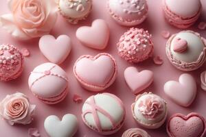 Pink macarons and heart-shaped candies creating a romantic atmosphere photo