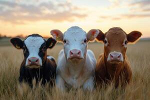 Three calves resting in a field at sunset photo