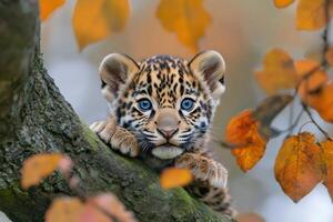 Baby jaguar cub relaxing on tree branch in autumn photo