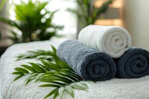 Rolled towels and tropical leaves resting on massage table in spa photo