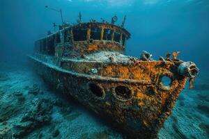 Rusty shipwreck lying on the seabed is getting covered with algae and coral photo