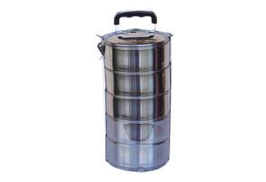 Tiffin carrier stainless steel lunch box on white background. Concept, Reuse and washable food container, campaign for using food box, helps reduce global warming from using plastic bag. photo