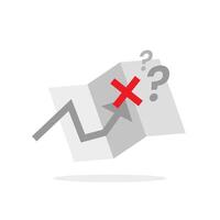 Flat illustration of a paper map with a red cross mark, representing route not found or journey unavailable in a travel app vector