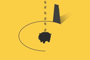 Piggy bank in a trapped position with a hand saw. Could illustrate volatile and risky savings and investments or a market that's about to collapse shown in a conceptual way vector