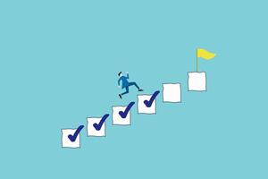 businessman step on checklist to progress to target. Progression from start to success, development or improvement, challenge to progress and win competition, tasks completion to finish project vector