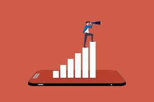Businessman stands with a binoculars on Stacks of graph vector
