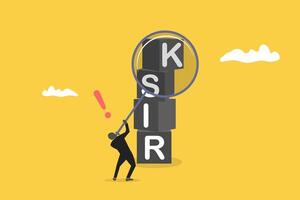 Businessman with magnifying glass and cubic on stack with the word risk. concept of risk management, control or assess to lose money in investing vector
