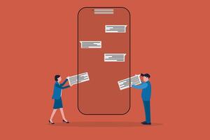Business people communicate with mobile app. concept of Chat Mobile application for business, teamwork using technology to communicate or collaborate in work vector