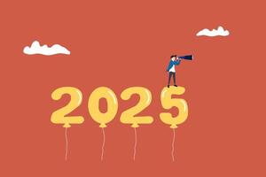 Businessman on year number 2025 look through telescope. concept of planning or strategy, vision or forecast, year begin anticipation, improvement or progress vector