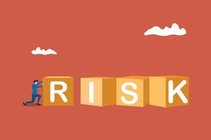Stress businessman push heavy big RISK burden. concept of Debt or NPL problem, loan or lending crisis, overspending mistake causing debt burden vector