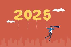 Businessman on year number 2025 look through telescope. concept of planning or strategy, vision or forecast, year begin anticipation, improvement or progress vector