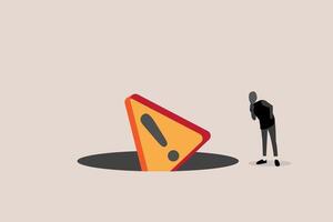 Businessman standing front of pitfalls to avoid mistake. concept of adversity and brave to jump pass mistake or business failure, skill and creativity to solve problem vector
