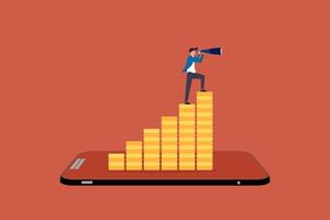 Businessman stands with a binoculars on Stacks of gold coins vector
