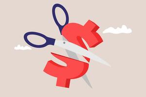 Cutting dollar sign with scissors. Concept on the topic of devaluation of money vector