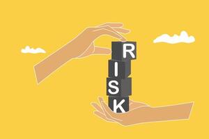 Businessman hand putting risk wording print screen on block cube for financial banking risk analysis and management vector