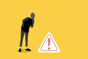 Businessman looking down thinking with big incident with exclamation attention sign. concept of Solving problem, identify risk or critical failure vector